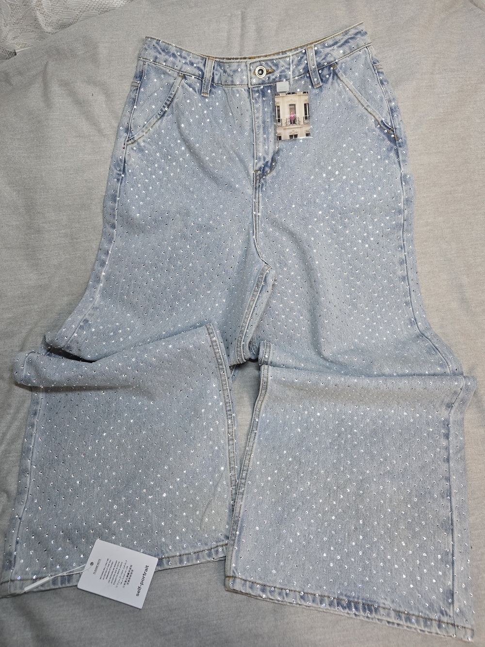 Self-Portrait Light Blue Rhinestone Wide-Leg Jeans